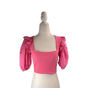 Zara ribbed Pink Puff Sleeve crop Top